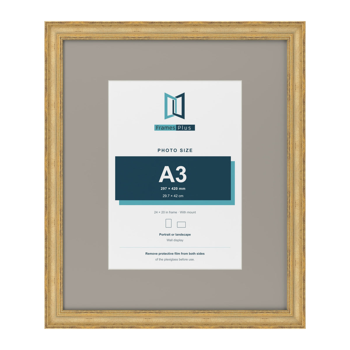 Cassis Gold 24 x 20 inch picture frame with a dawn grey mount for an A3 photo