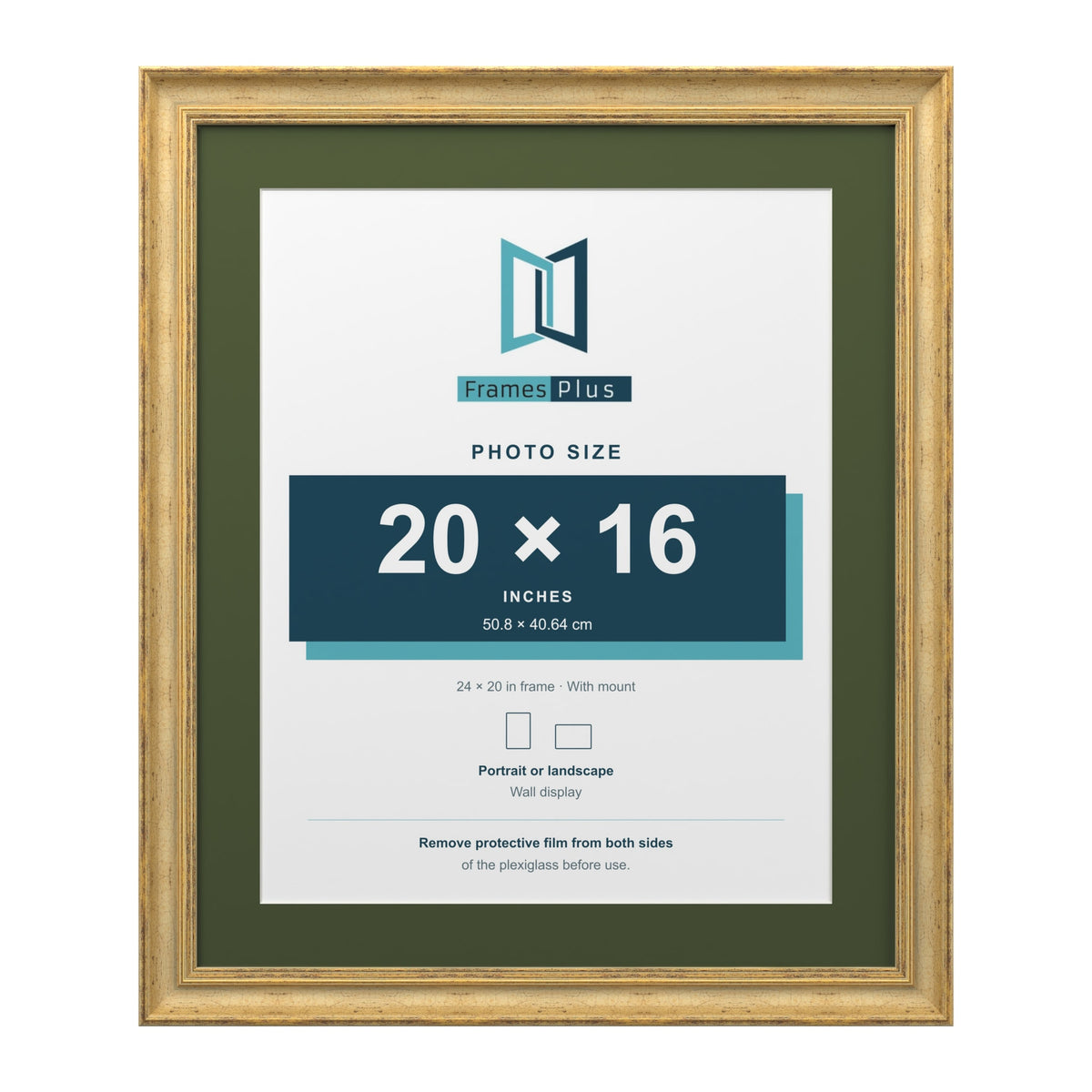 Cassis Gold 24 x 20 inch picture frame with a green mount for a 20 x 16 inch photo