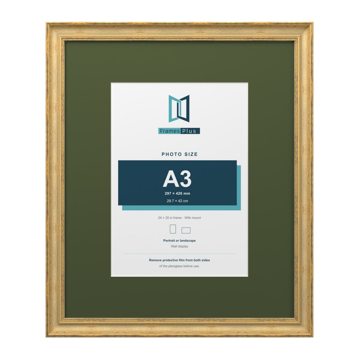 Cassis Gold 24 x 20 inch picture frame with a green mount for an A3 photo