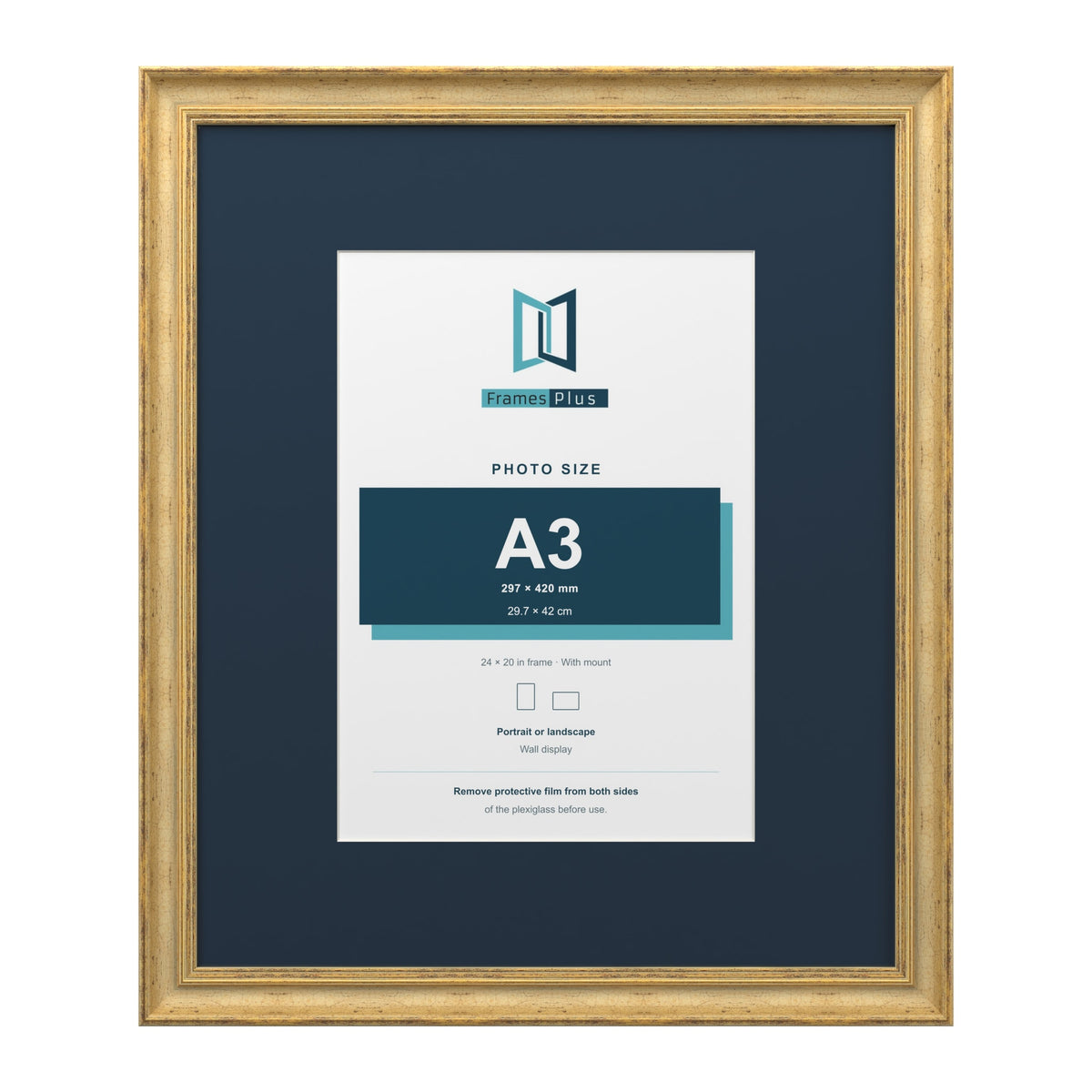 Cassis Gold 24 x 20 inch picture frame with a pacific blue mount for an A3 photo
