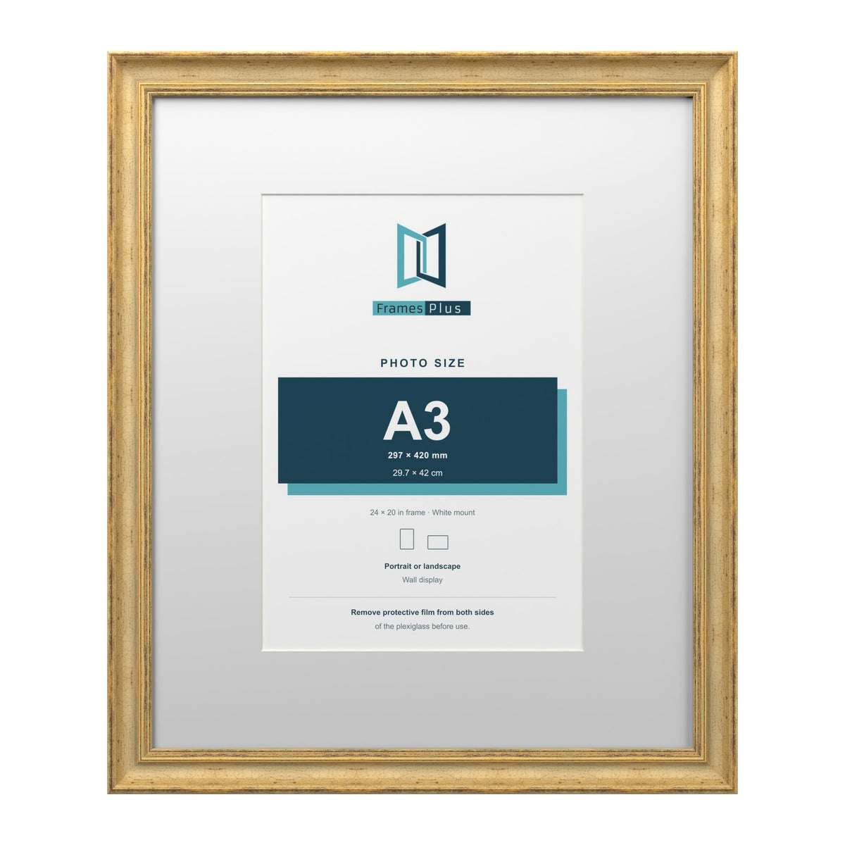 Cassis Gold 24 x 20 inch picture frame with a white mount for an A3 photo