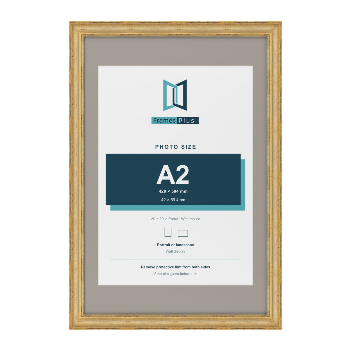 Cassis Gold 30 x 20 inch picture frame with a dawn grey mount for an A2 photo