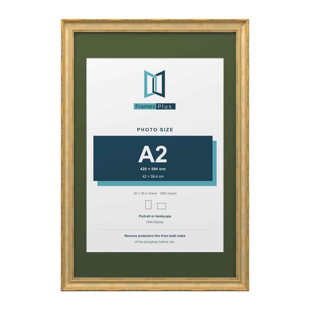 Cassis Gold 30 x 20 inch picture frame with a green mount for an A2 photo
