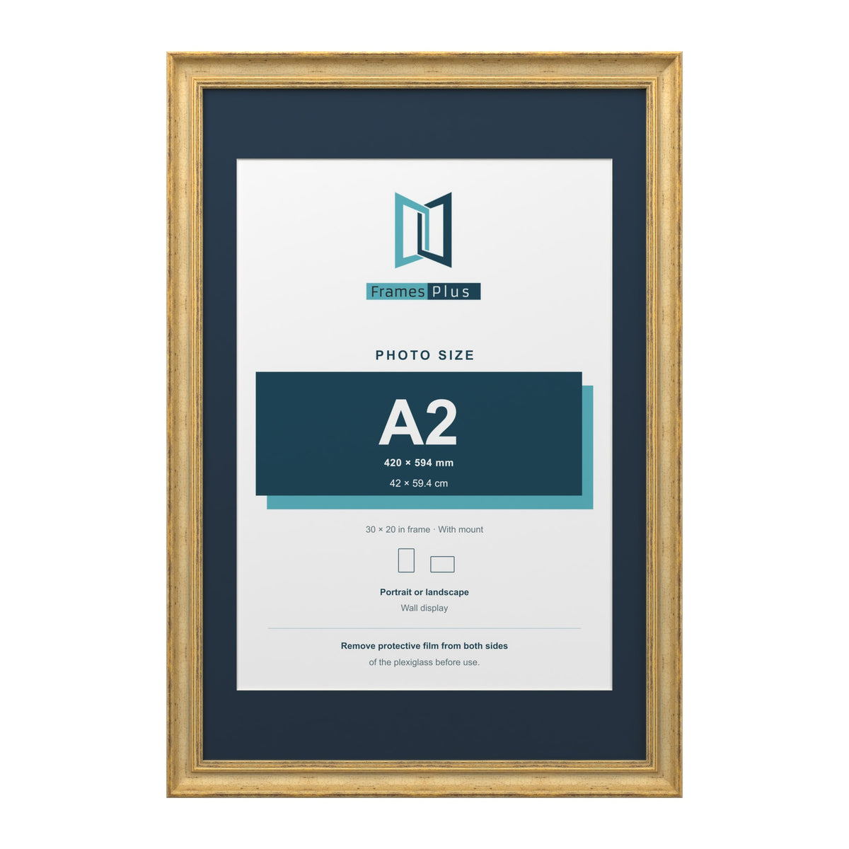 Cassis Gold 30 x 20 inch picture frame with a pacific blue mount for an A2 photo