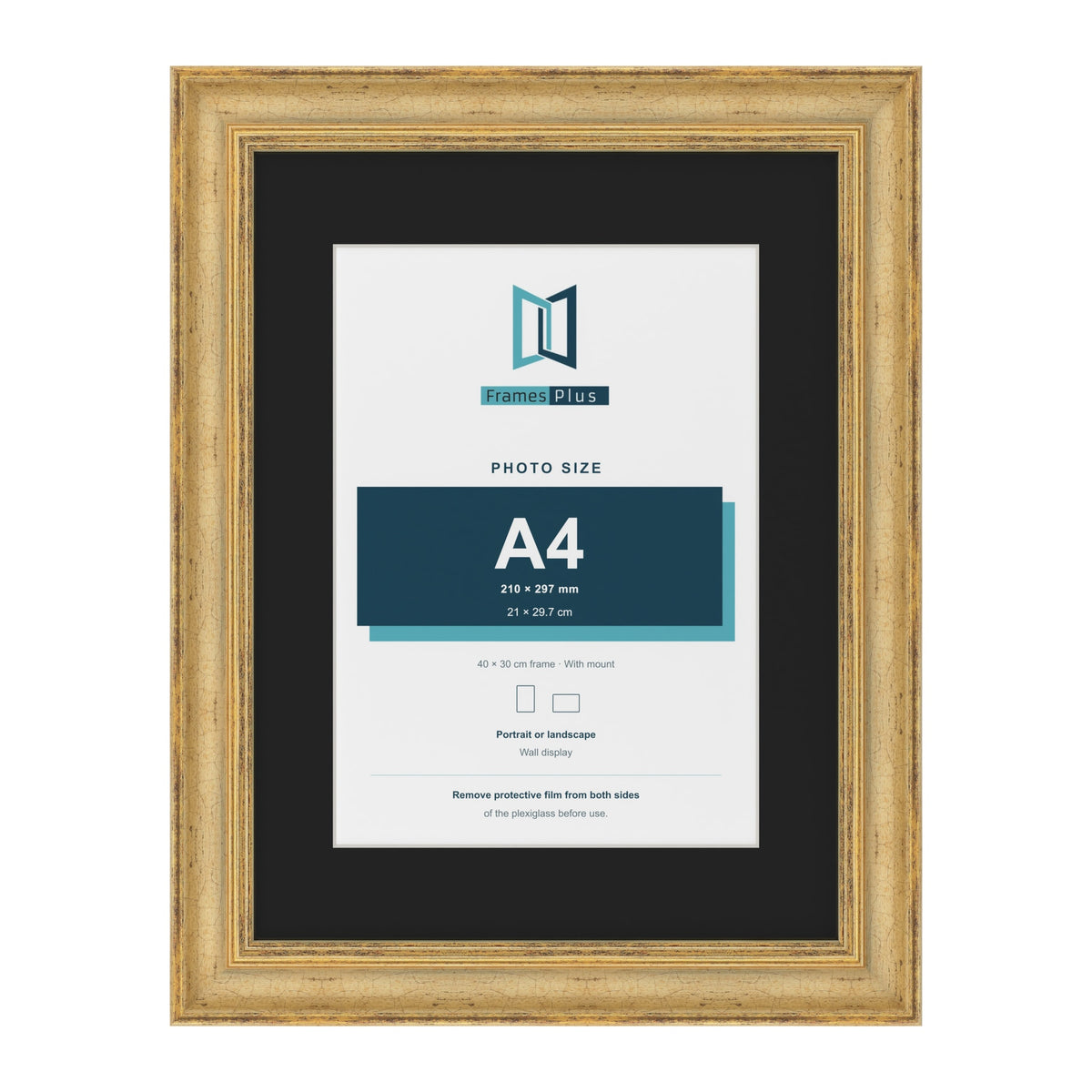 Cassis Gold 40 x 30 cm picture frame with a black mount for an A4 photo