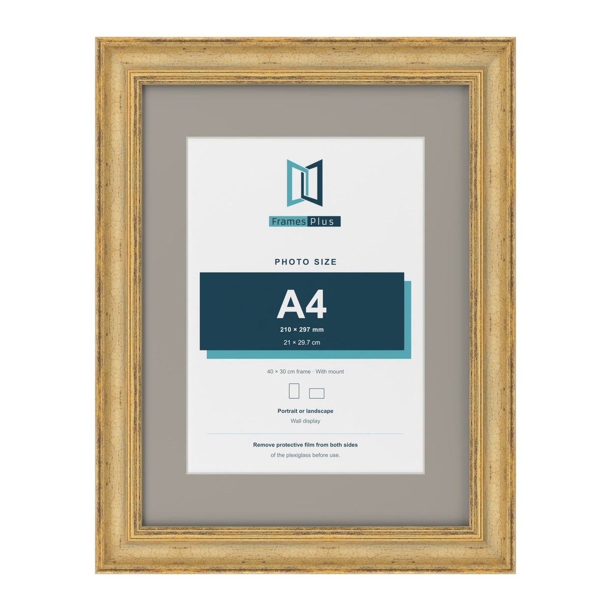 Cassis Gold 40 x 30 cm picture frame with a dawn grey mount for an A4 photo