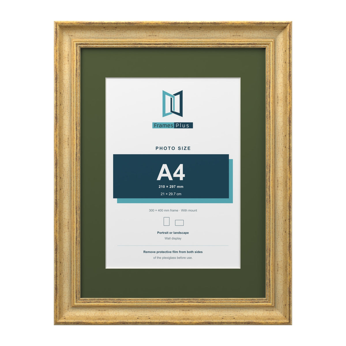 Cassis Gold 40 x 30 cm picture frame with a green mount for an A4 photo
