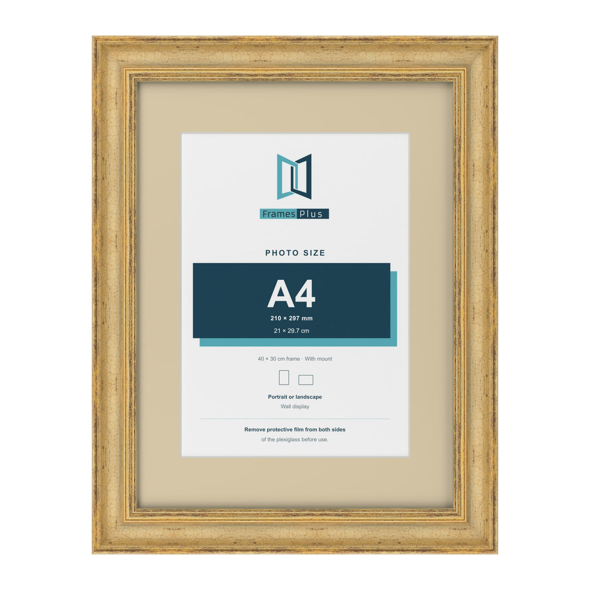 Cassis Gold 40 x 30 cm picture frame with an ivory mount for an A4 photo