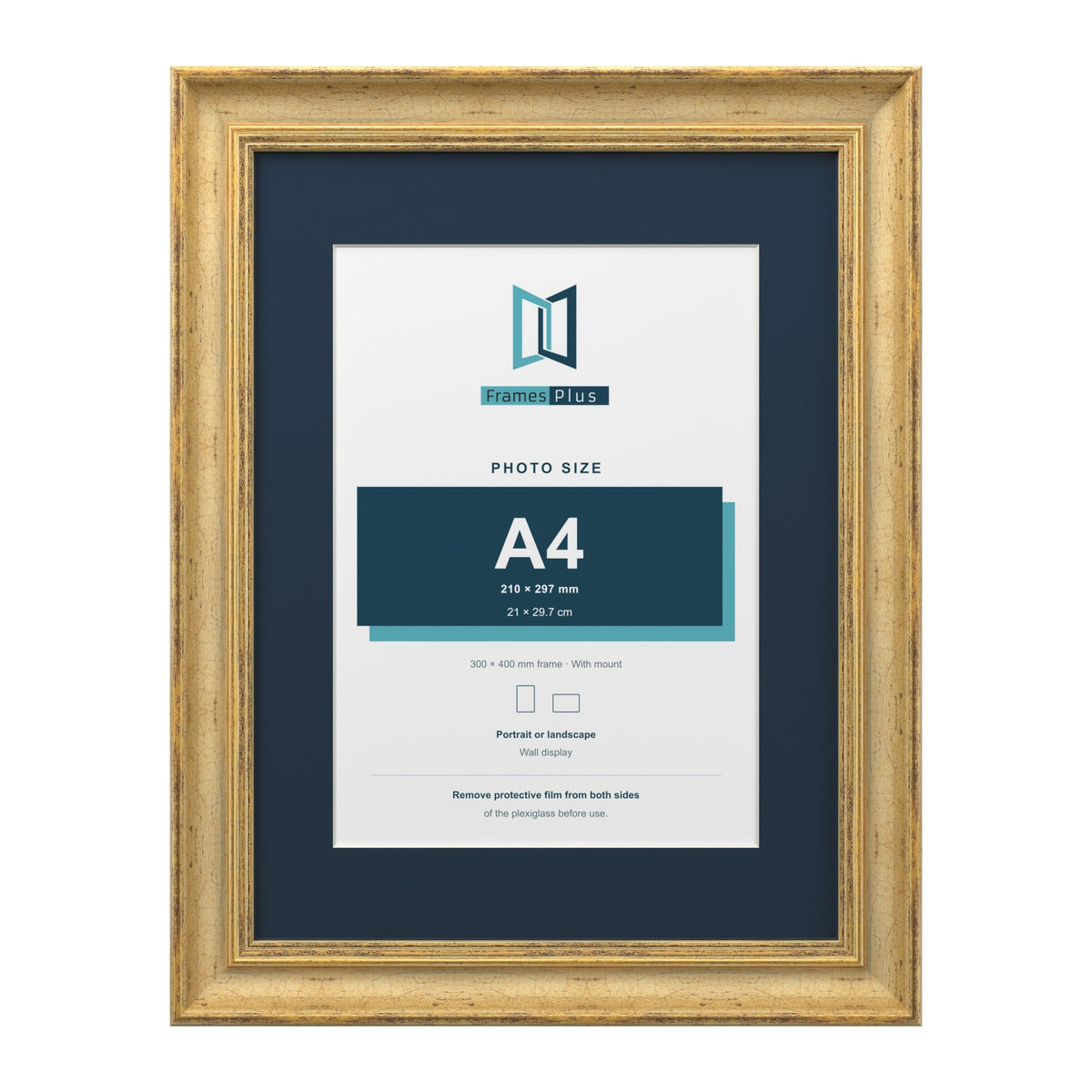 Cassis Gold 40 x 30 cm picture frame with a pacific blue mount for an A4 photo