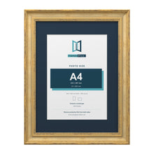 Cassis Gold 40 x 30 cm picture frame with a pacific blue mount for an A4 photo