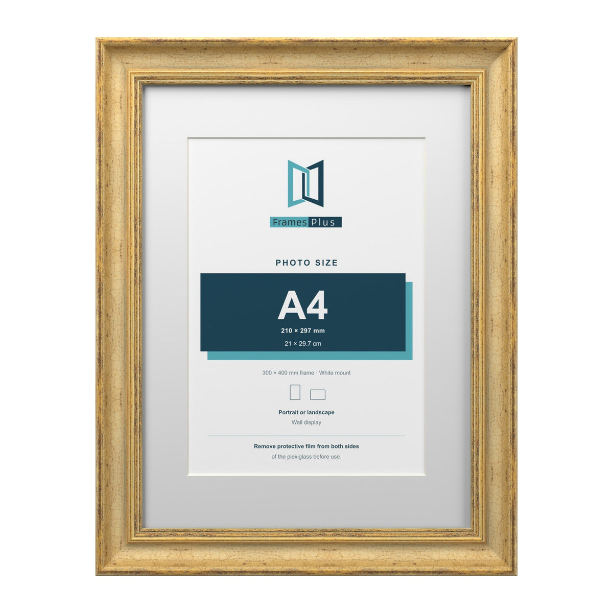 Cassis Gold 40 x 30 cm picture frame with a white mount for an A4 photo