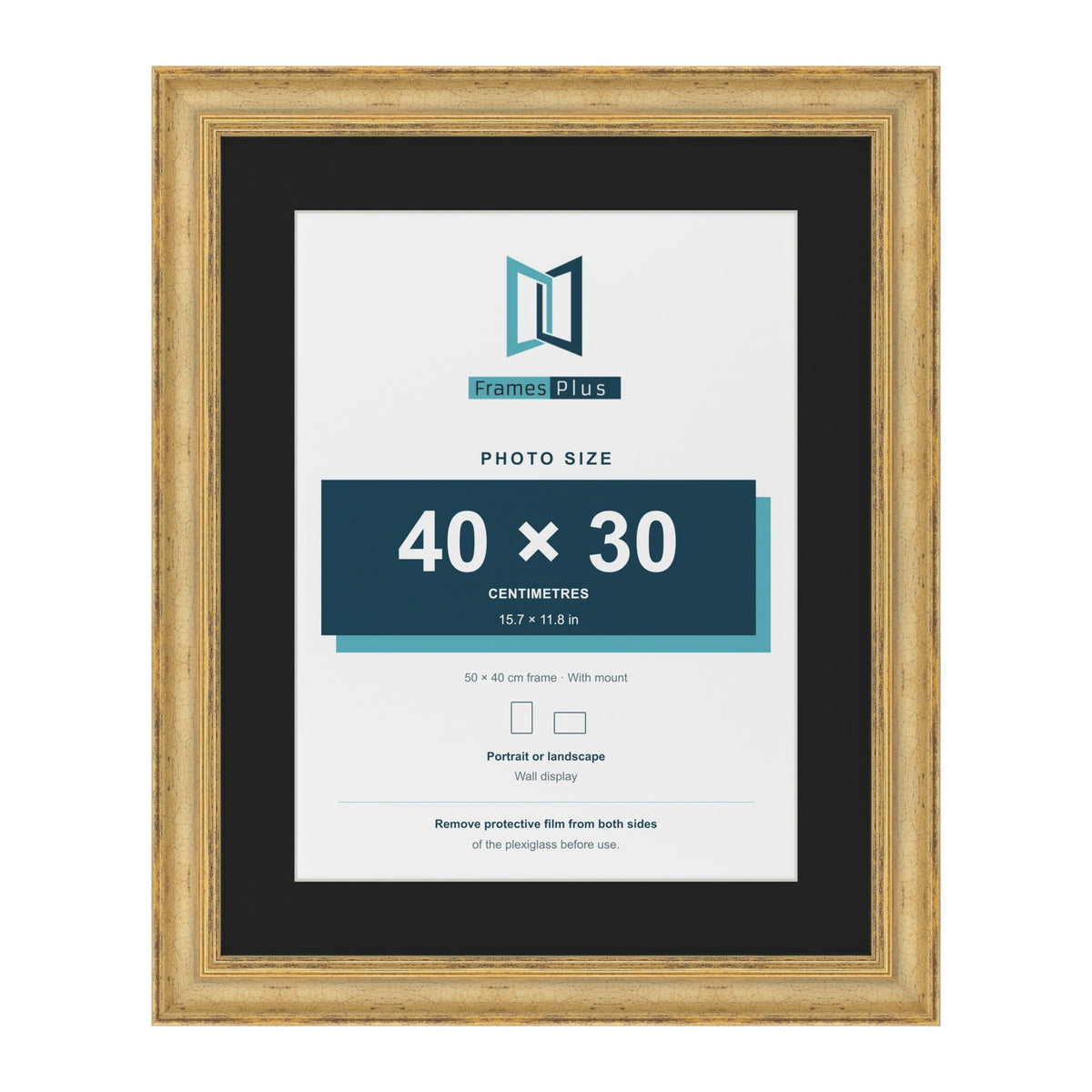Cassis Gold 50 x 40 cm picture frame with a black mount for a 40 x 30 cm photo