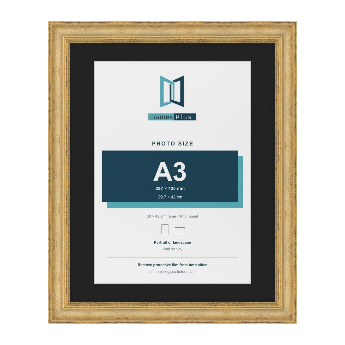 Cassis Gold 50 x 40 cm picture frame with a black mount for an A3 photo
