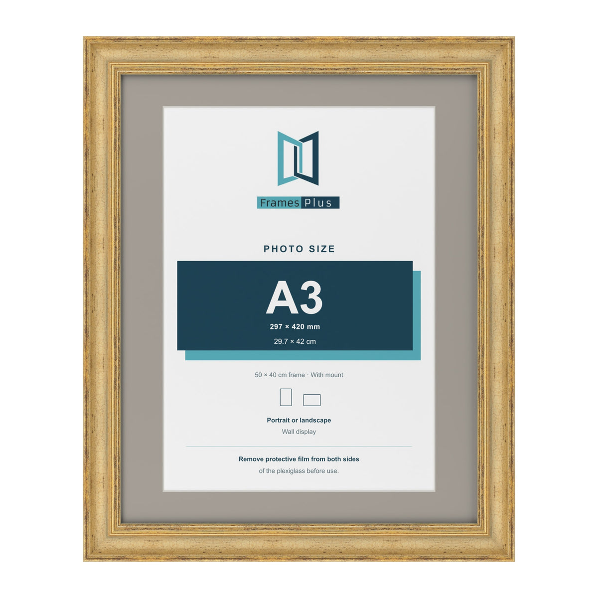 Cassis Gold 50 x 40 cm picture frame with a dawn grey mount for an A3 photo