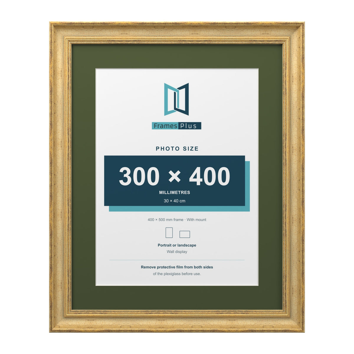 Cassis Gold 50 x 40 cm picture frame with a green mount for a 40 x 30 cm photo