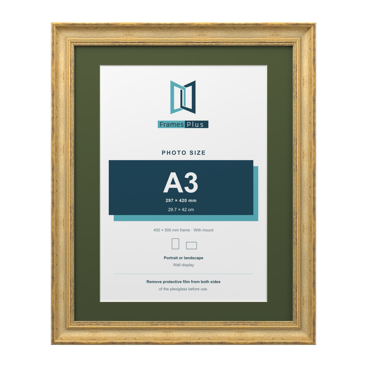 Cassis Gold 50 x 40 cm picture frame with a green mount for an A3 photo