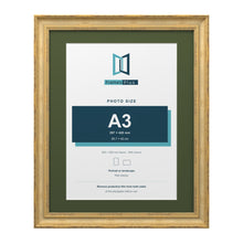 Cassis Gold 50 x 40 cm picture frame with a green mount for an A3 photo