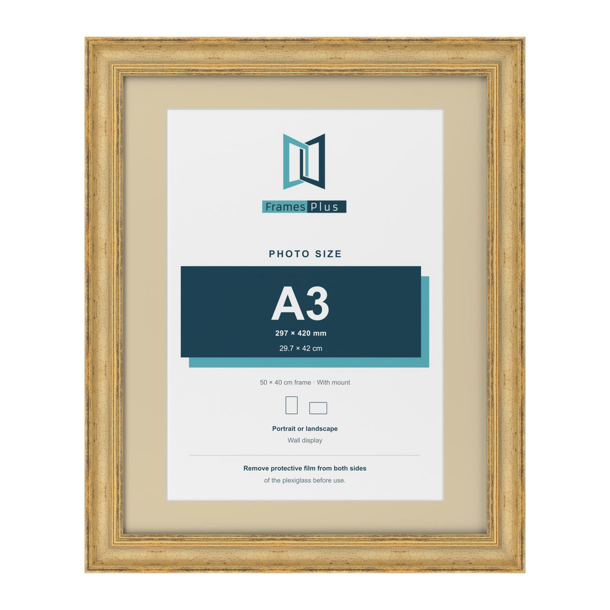 Cassis Gold 50 x 40 cm picture frame with an ivory mount for an A3 photo