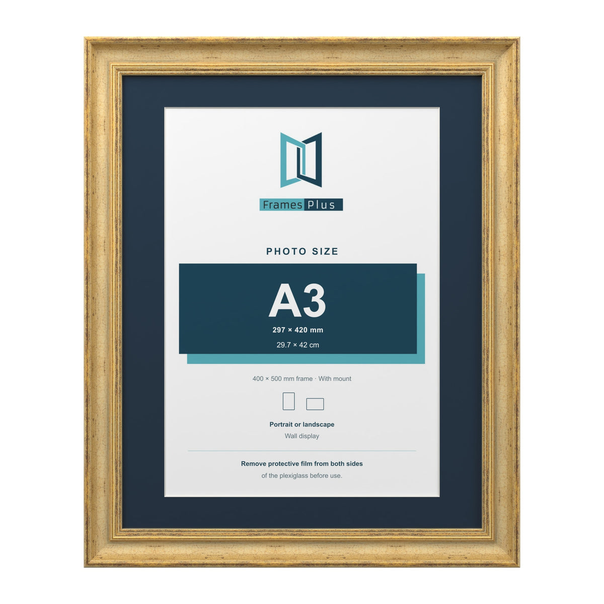 Cassis Gold 50 x 40 cm picture frame with a pacific blue mount for an A3 photo