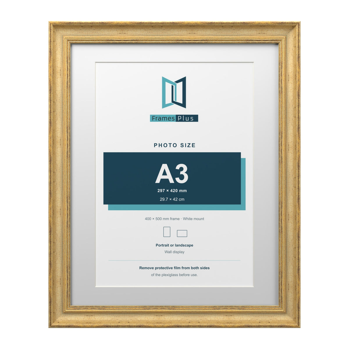 Cassis Gold 50 x 40 cm picture frame with a white mount for an A3 photo