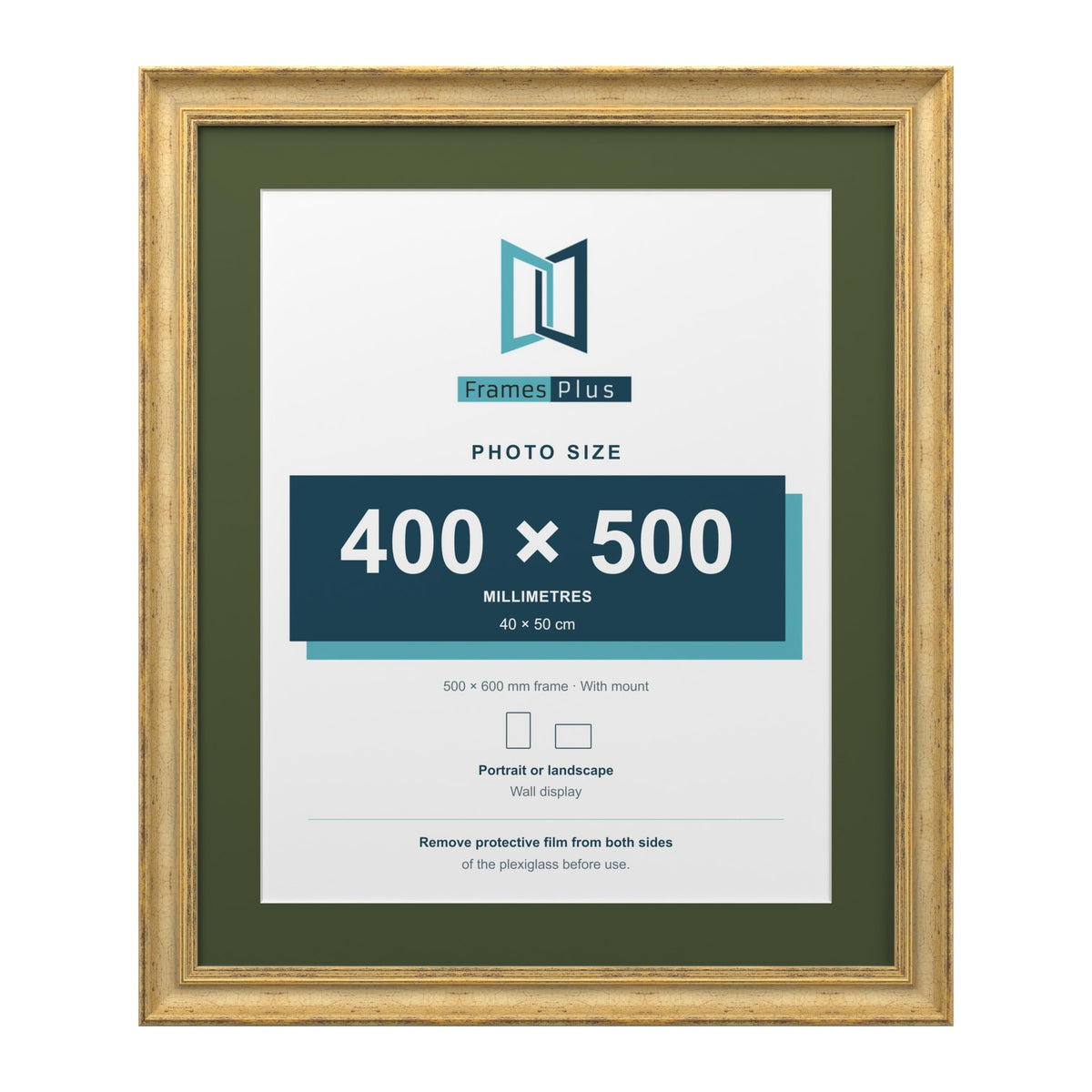 Cassis Gold 60 x 50 cm picture frame with a green mount for a 50 x 40 cm photo