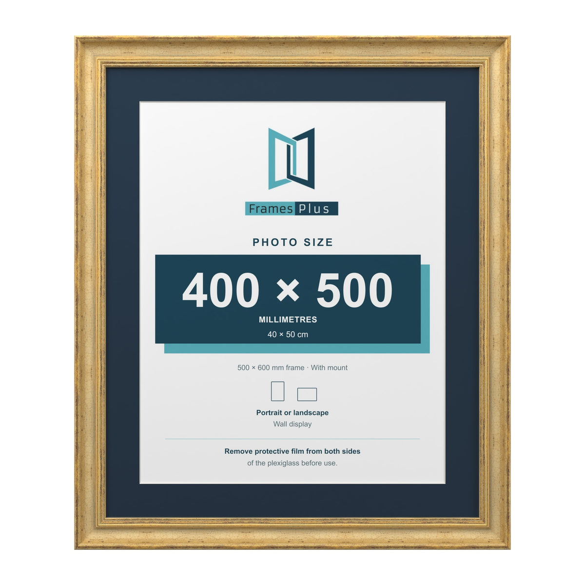 Cassis Gold 60 x 50 cm picture frame with a pacific blue mount for a 50 x 40 cm photo