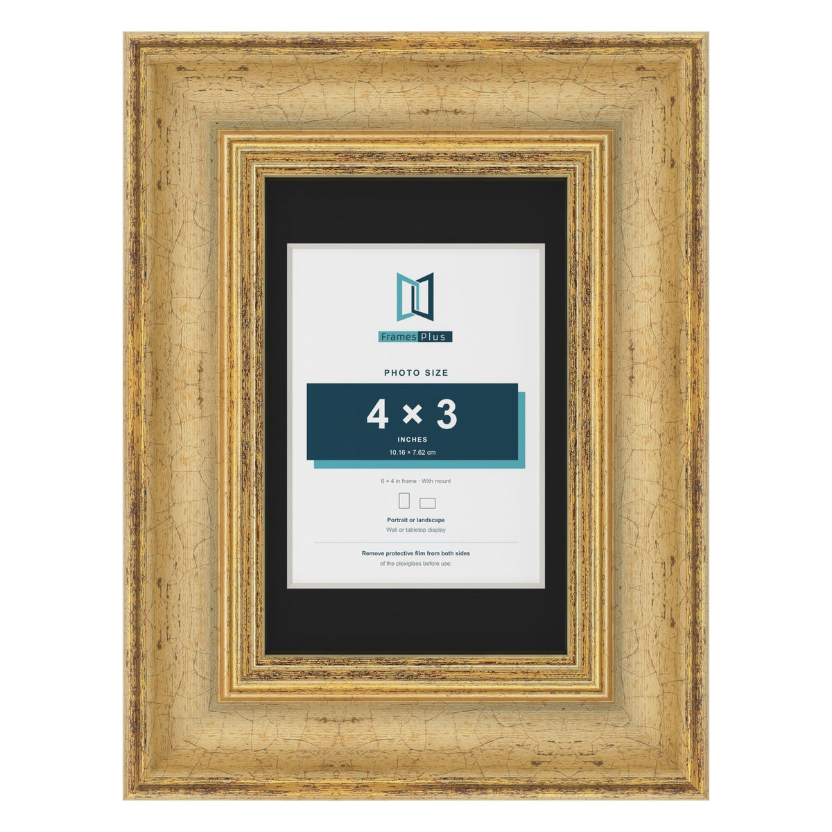 Cassis Gold 6 x 4 inch picture frame with a black mount for a 4 x 3 inch photo