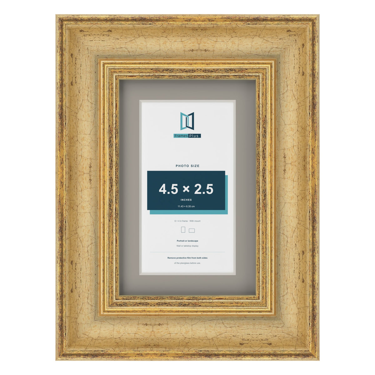 Cassis Gold 6 x 4 inch picture frame with a dawn grey mount for a 4.5 x 2.5 inch photo