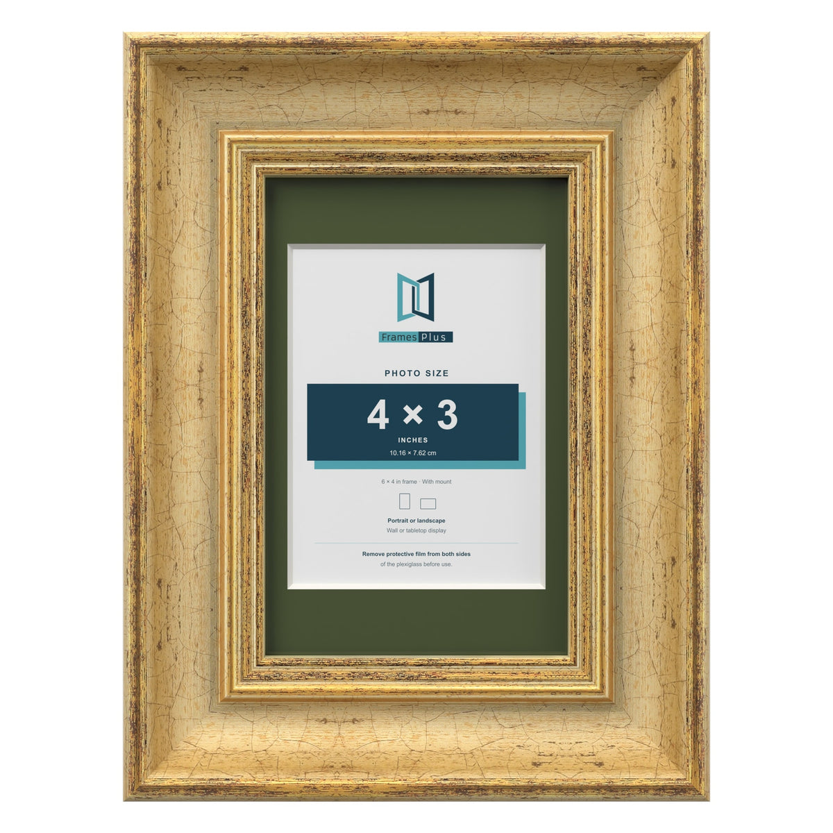 Cassis Gold 6 x 4 inch picture frame with a green mount for a 4 x 3 inch photo