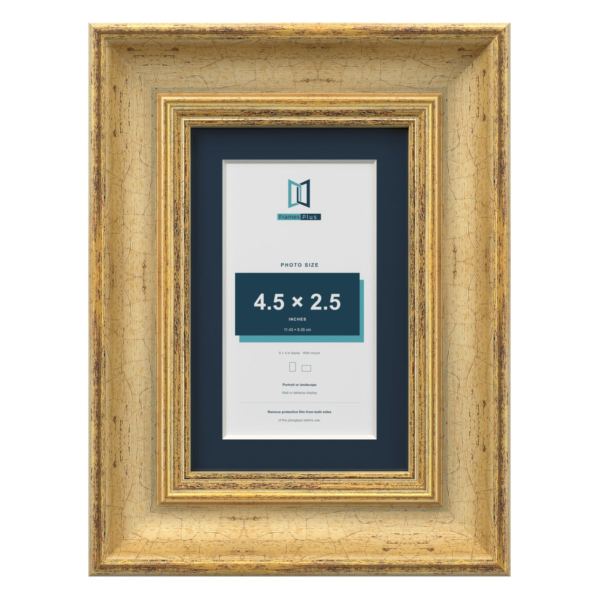 Cassis Gold 6 x 4 inch picture frame with a pacific blue mount for a 4.5 x 2.5 inch photo