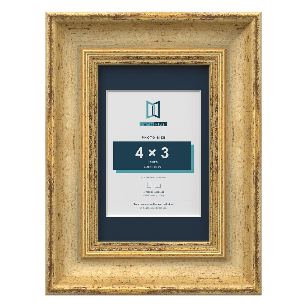 Cassis Gold 6 x 4 inch picture frame with a pacific blue mount for a 4 x 3 inch photo