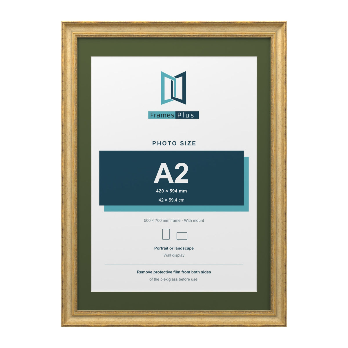 Cassis Gold 70 x 50 cm picture frame with a green mount for an A2 photo