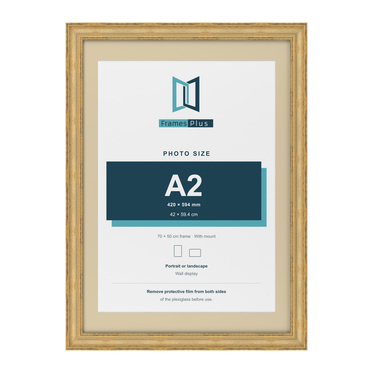 Cassis Gold 70 x 50 cm picture frame with an ivory mount for an A2 photo