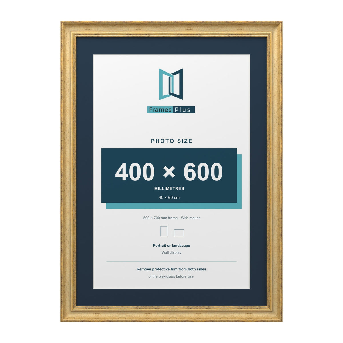 Cassis Gold 70 x 50 cm picture frame with a pacific blue mount for a 60 x 40 cm photo