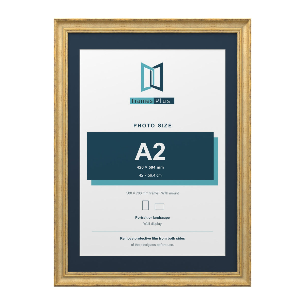 Cassis Gold 70 x 50 cm picture frame with a pacific blue mount for an A2 photo