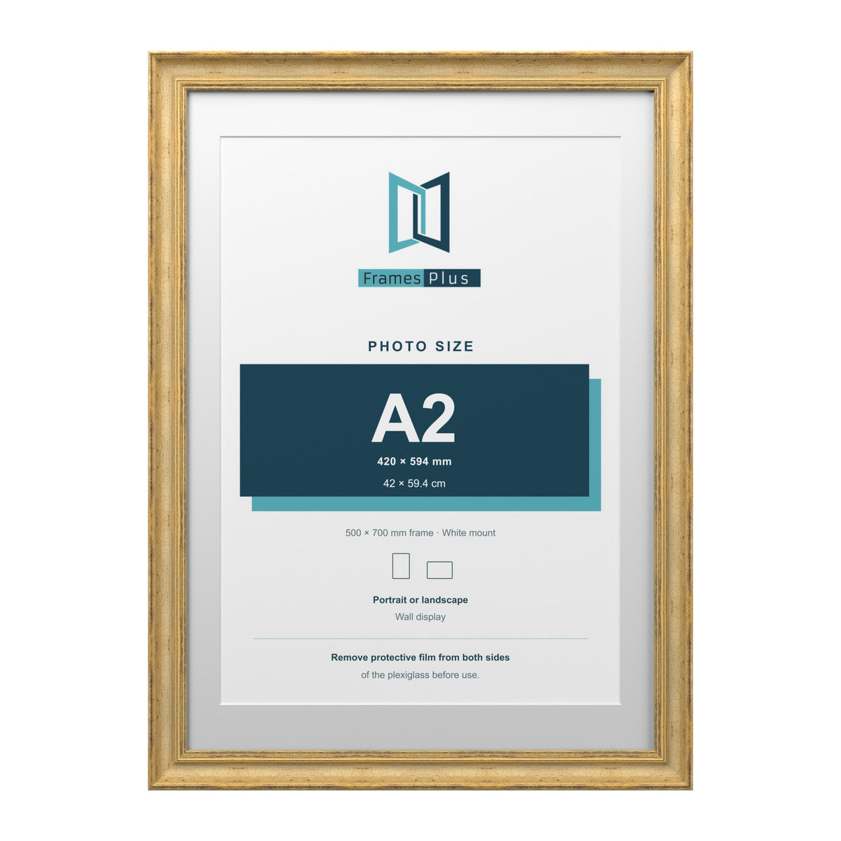 Cassis Gold 70 x 50 cm picture frame with a white mount for an A2 photo