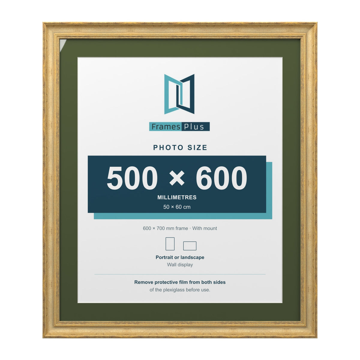 Cassis Gold 70 x 60 cm picture frame with a green mount for a 60 x 50 cm photo