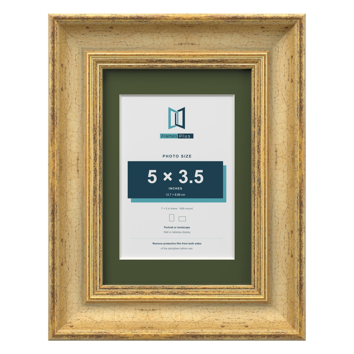 Cassis Gold 7 x 5 inch picture frame with a green mount for a 5 x 3.5 inch photo
