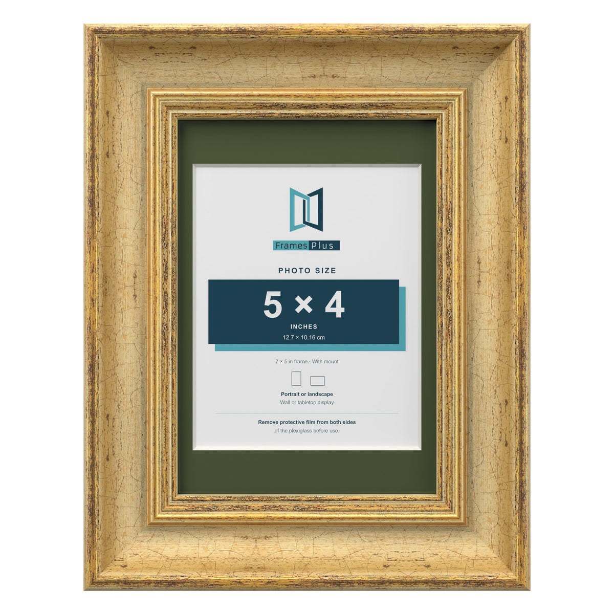 Cassis Gold 7 x 5 inch picture frame with a green mount for a 5 x 4 inch photo