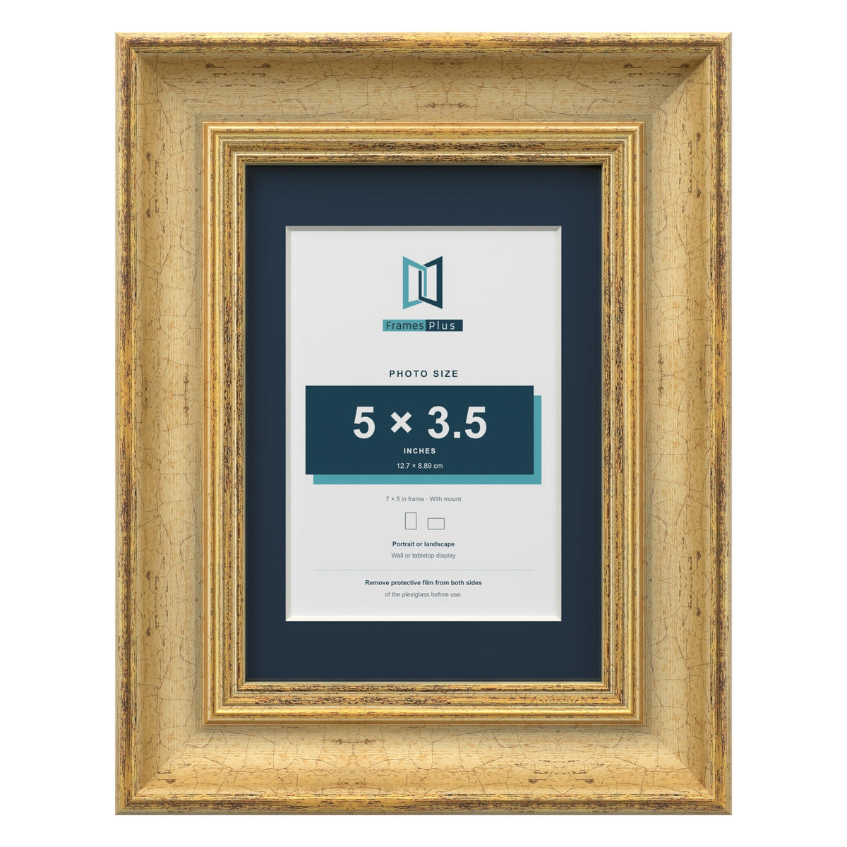 Cassis Gold 7 x 5 inch picture frame with a pacific blue mount for a 5 x 3.5 inch photo