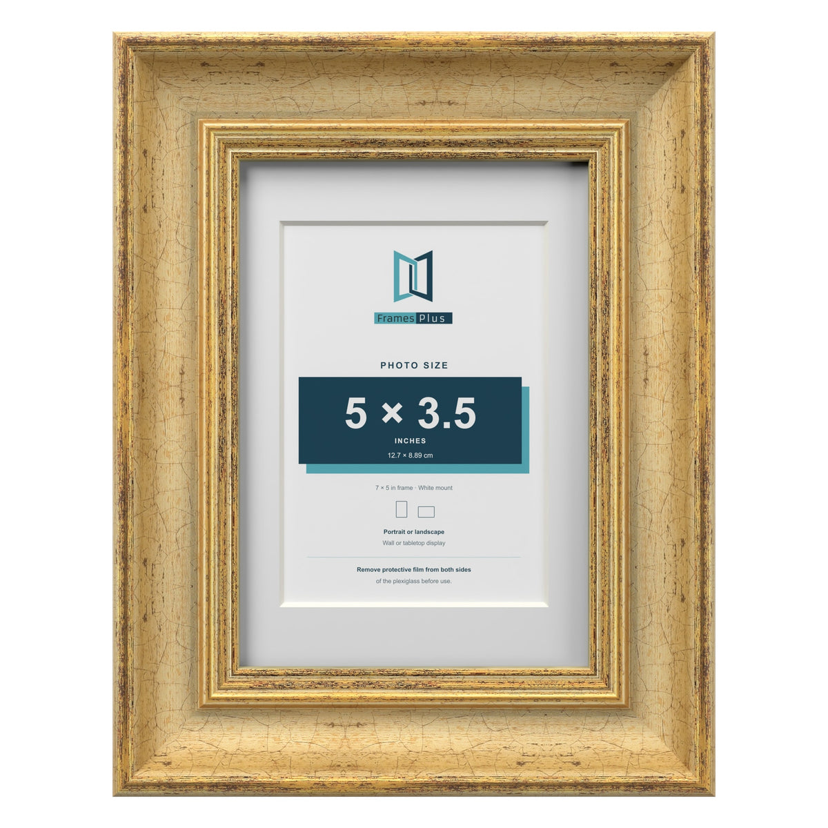 Cassis Gold 7 x 5 inch picture frame with a white mount for a 5 x 3.5 inch photo