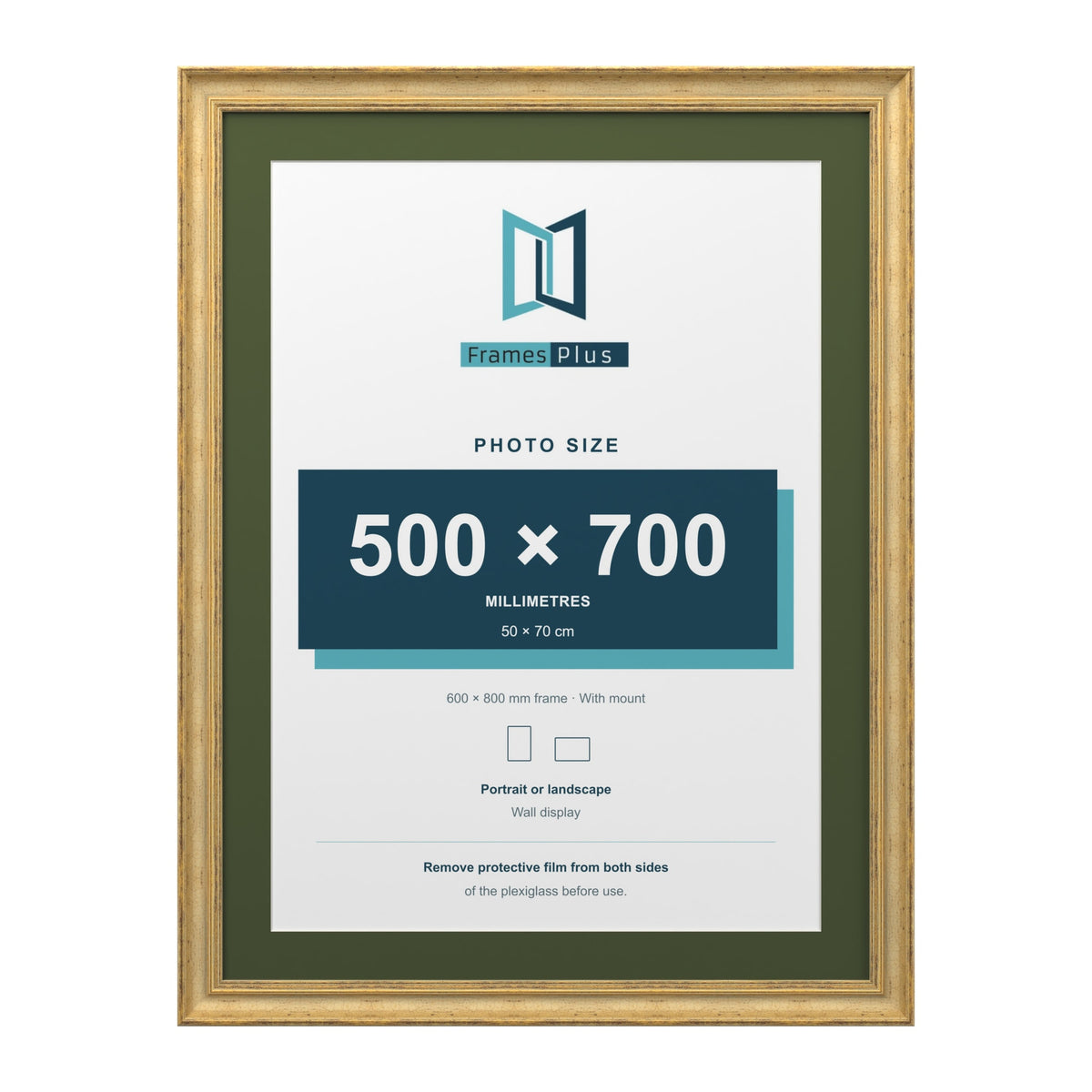 Cassis Gold 80 x 60 cm picture frame with a green mount for a 70 x 50 cm photo