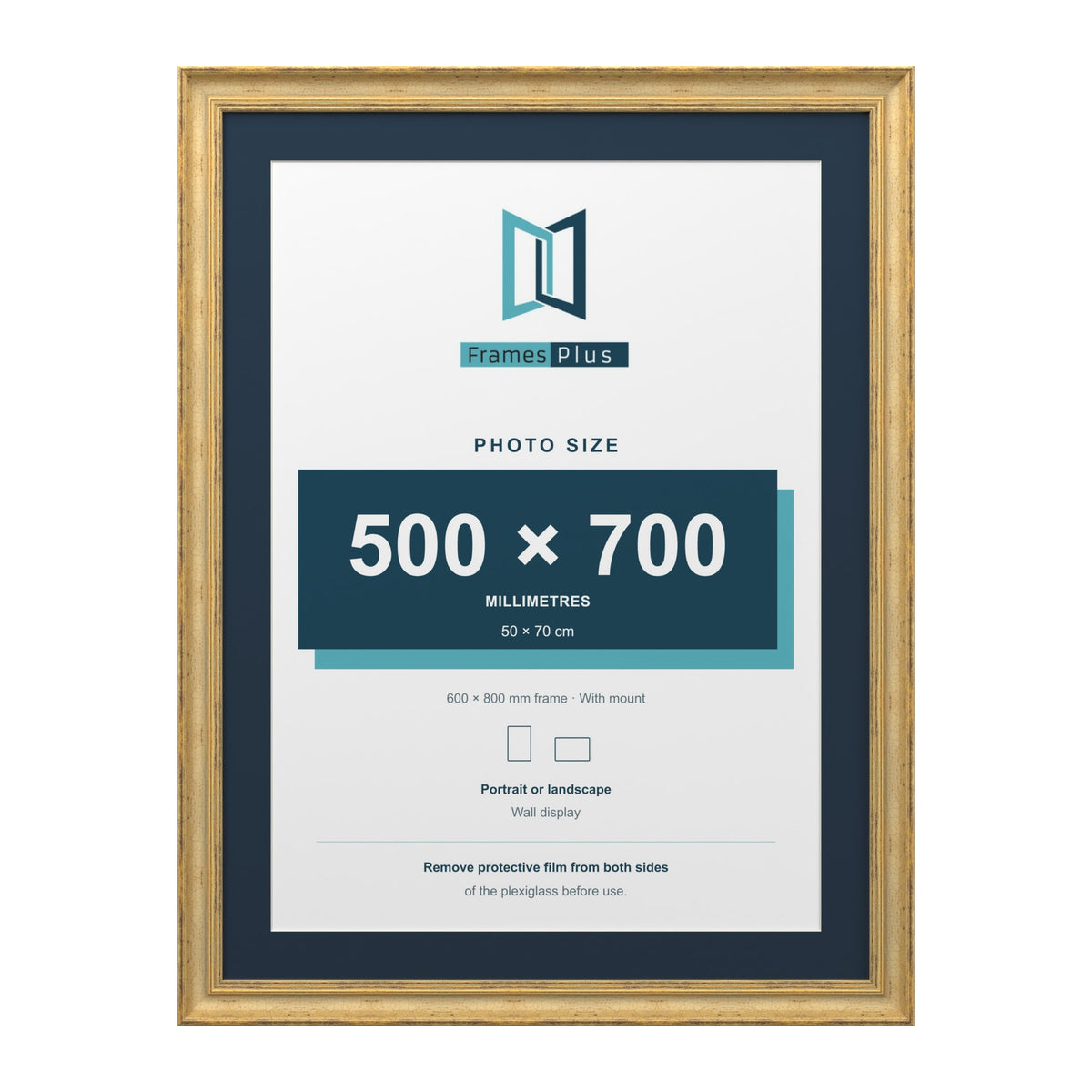 Cassis Gold 80 x 60 cm picture frame with a pacific blue mount for a 70 x 50 cm photo