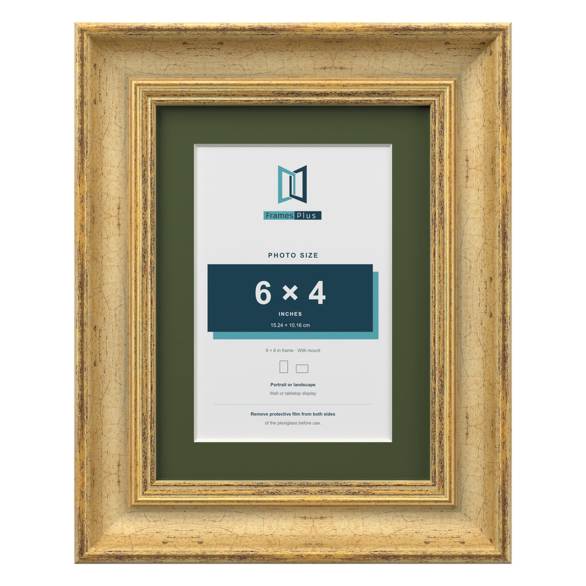 Cassis Gold 8 x 6 inch picture frame with a green mount for a 6 x 4 inch photo