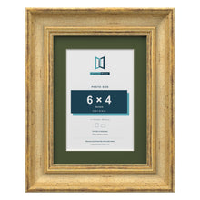 Cassis Gold 8 x 6 inch picture frame with a green mount for a 6 x 4 inch photo