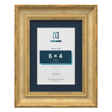 Cassis Gold 8 x 6 inch picture frame with a pacific blue mount for a 6 x 4 inch photo