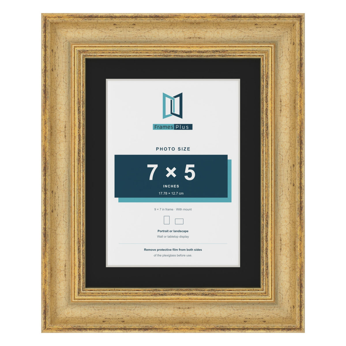 Cassis Gold 9 x 7 inch picture frame with a black mount for a 7 x 5 inch photo