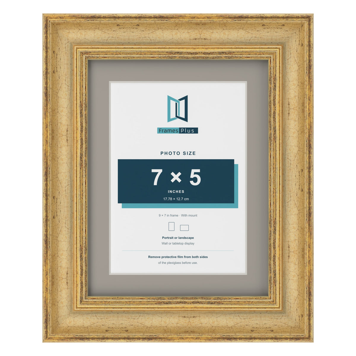 Cassis Gold 9 x 7 inch picture frame with a dawn grey mount for a 7 x 5 inch photo