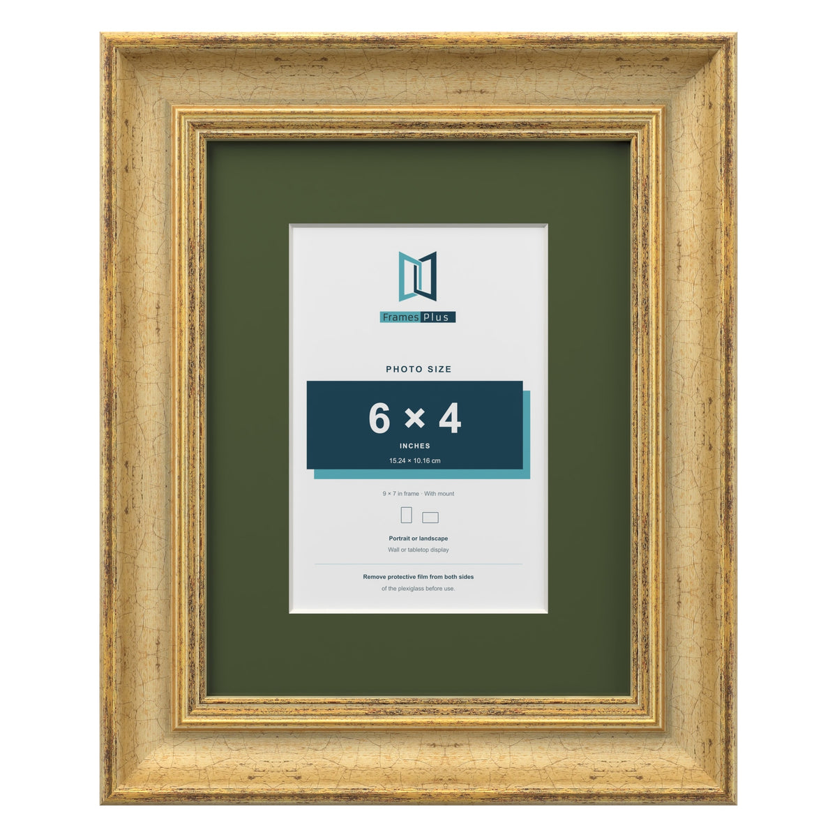 Cassis Gold 9 x 7 inch picture frame with a green mount for a 6 x 4 inch photo