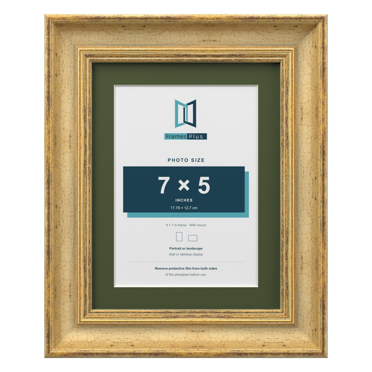 Cassis Gold 9 x 7 inch picture frame with a green mount for a 7 x 5 inch photo